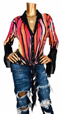 Venus M Top Stretch Studded Tie Dye Animal Print Hem Tie Button Up Shirt Blouse