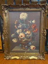 388 - Antique Style Oil Painting Dutch Floral - Ornate Gold Gesso Frame 27”x21”