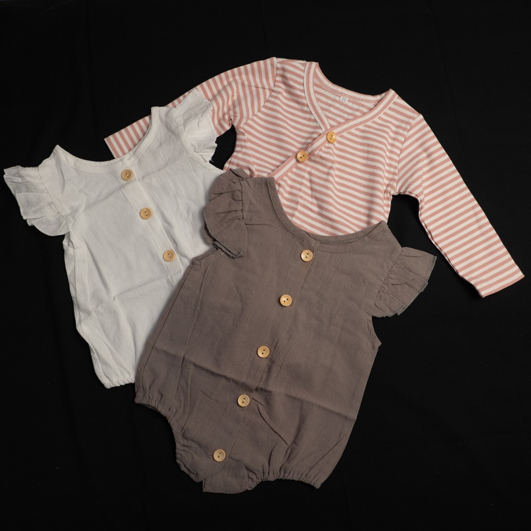 Pink White and Brown Buttoned Baby Grow Set x3 New In Packaging