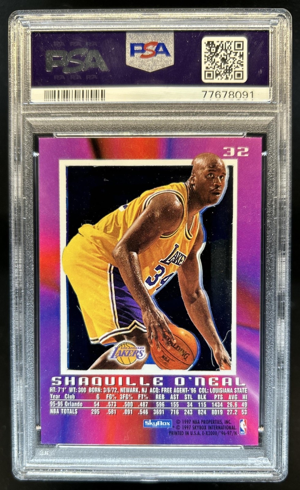 1996 Skybox EX-2000 Shaquille O'Neal #32 Lakers PSA 7 view 2