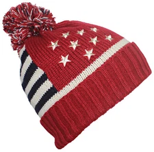 Best Winter Hats Adult Americana Flag Cuffed Knit Beanie W/Pom & Faux Fur Lining