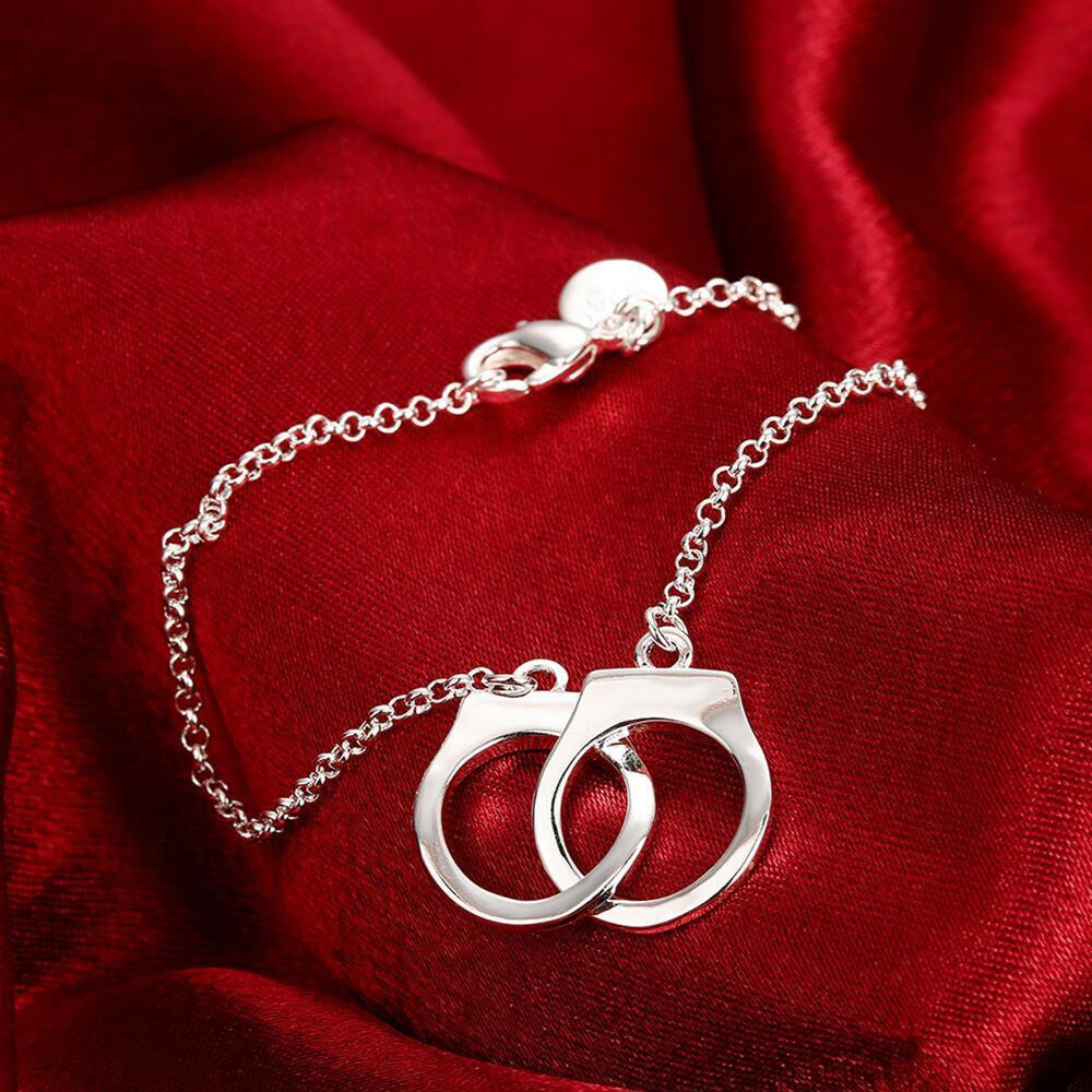 Elegante pulsera de cadena con esposas entrelazadas de plata de ley 925 para hombre y mujer