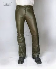 Olive Green leather jeans pant 501 style classic Slimfit over cowboots slim