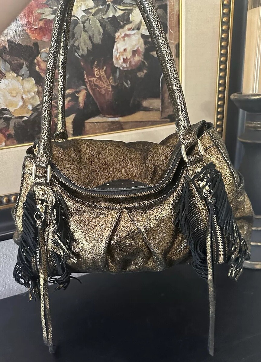 BOTKIER Gold Metallic Leather Trigger Front Flap Satchel Bag
