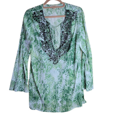 Kyra Beaded Green Python Snake Print Deep V Flared Sleeve Shirt Women Size Large