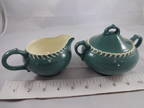 Vintage 1950s HARKER Corinthian Teal Green Cream & Sugar Set Creamer Sugar Lid - Picture 3 of 9