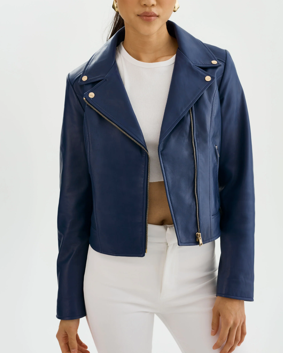 Leather Jacket Women Blue Biker Moto Lambskin Size S M L XL XXL 3XL Custom  Made