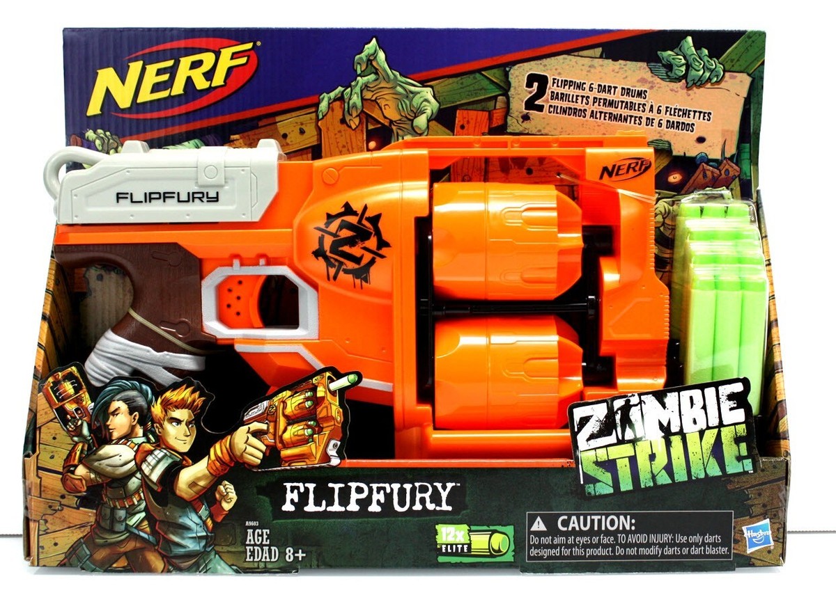 Nerf ZOMBIE Strike FLIP FURY BLASTER & Darts - 2 Drums Shoots 12