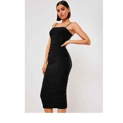 cami ruched dress boohoo Women's Petite Slinky Cami Maxi Dress With Ruched Waistband in Black | Size: 12