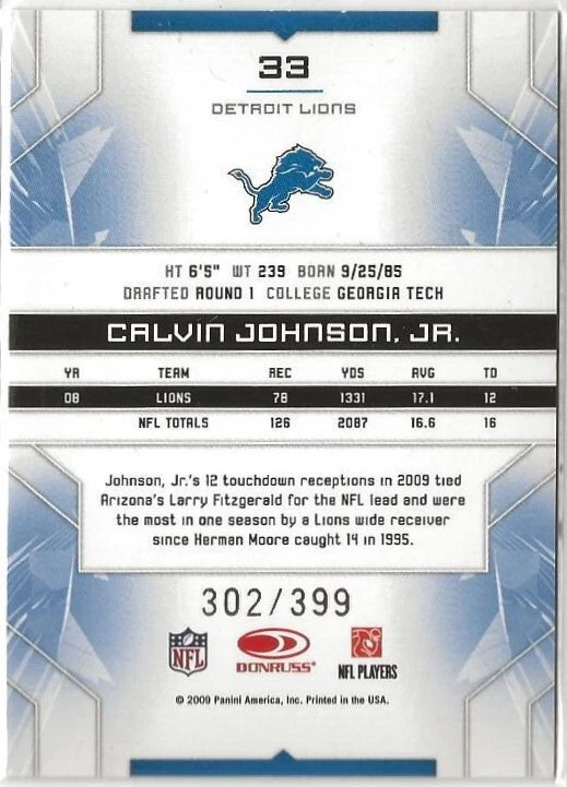 CALVIN JOHNSON - WR - Bills - 2009 Panini Donruss Limited  302/399  #33  (6305a) - Image 3 of 3