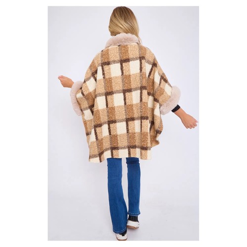 Taupe Faux Fur Front Opening Check Cape - Picture 11 of 14