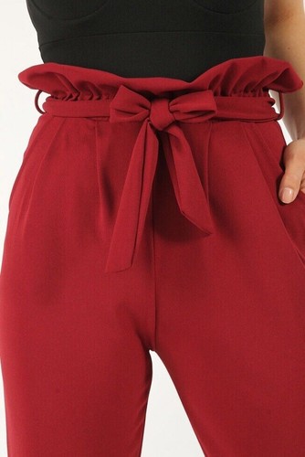 WOMEN LADIES PAPER BAG TIE WAIST BELT CIGARETTE SLIM FIT TROUSERS PLUS SIZE 8-14 - Picture 4 of 7