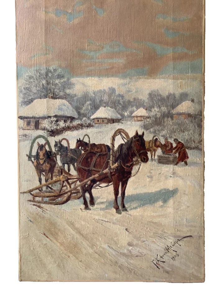 Antique Russian Oil on Canvas c. 1908  Signed - Snow Landscape with Sleighs - Image 3 of 4