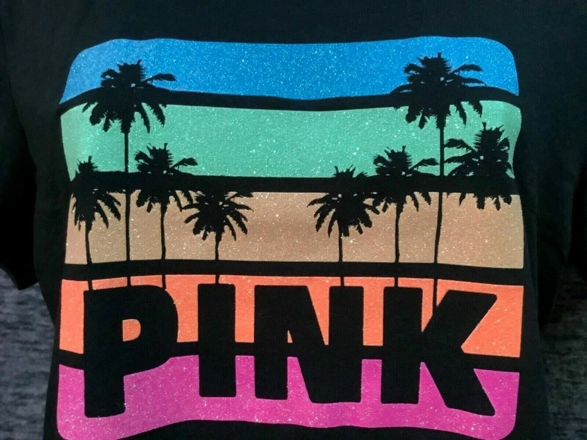 Victoria s Secret Pink Bling Rainbow Tropical Palm Logo Tee Shirt
