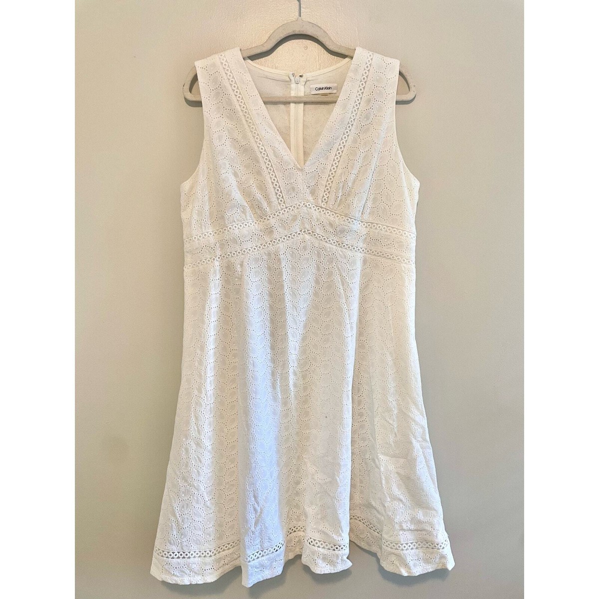 Calvin Klein Size 14 White Eyelet Lace Dress sleeveless V-Neck A-Line | eBay