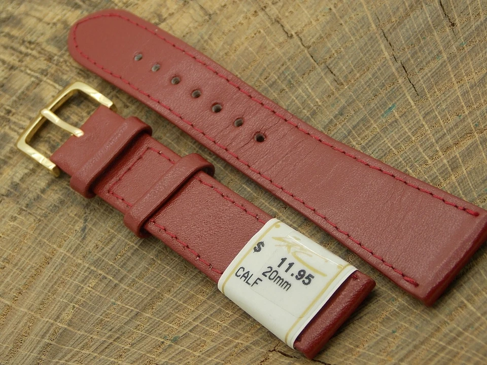 ZRC NOS Vintage Unused Burgundy Calf Leather Watch Band w Gold Tone Buckle 20mm - Image 3 of 4