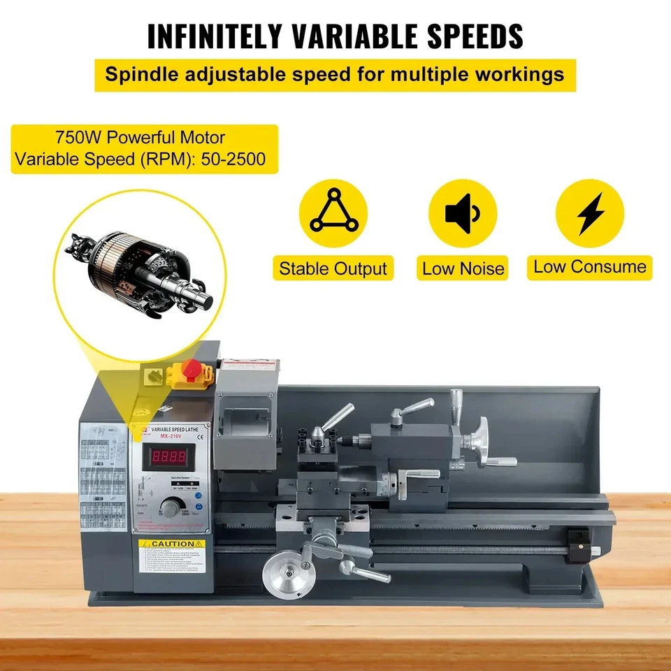 Tornio Per Metallo Mini Tornio 210x400mm 750 W Per Foratura a Tornitura Frontale - Immagine 4 di 4