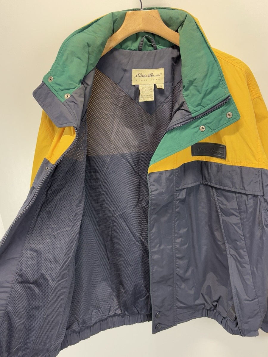 Vtg Eddie Bauer Jacket Sz Large Mens Yellow Navy Colorblock