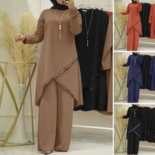 Autumn Women Dubai Casual Abaya Sets Muslim Islamic Blouse Tops Pants 2PCS Suit