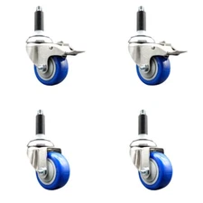 3 Inch 316SS Blue Poly Swivel 7/8 Inch Expanding Stem Caster Set 2 Lock Brake