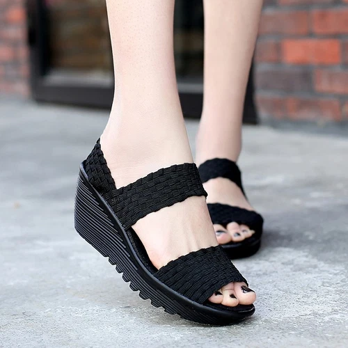 Damen-Sandale Sommer offene Peep Toe gewebt Ruhm Keilabsatz Komfort Mary Jane Schuhe - Bild 13 von 35