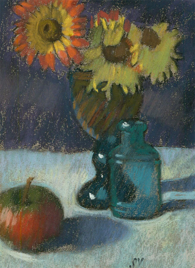 Ken Symonds (1927-2010) - Pastel contemporáneo, flores de finales de verano y manzana Foto 2 de 4