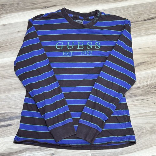Vintage Guess Mens Shirt Striped Long-Sleeve Embroidered Brown/Blue Sz S Gift - Picture 2 of 9