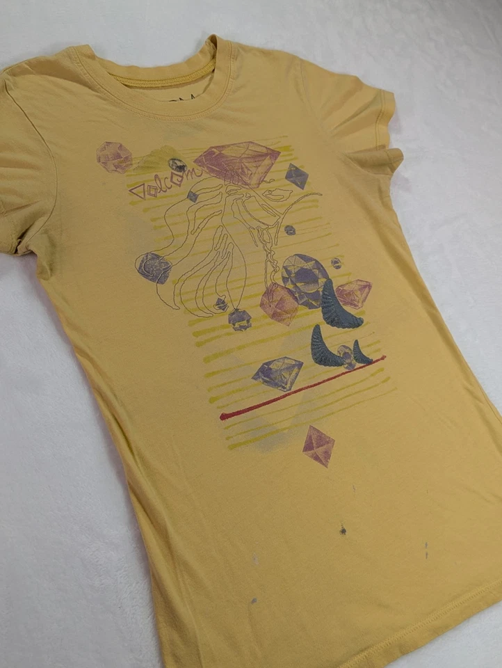 Volcom "Strange Relics" Medium Yellow Babydoll Cap Sleeve Tshirt 90s Y2K - Image 2 of 4