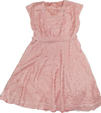 Vintage 1950s 60s Pink Lace Rhinestone Cocktail Dress Full Skirt Original Belt L
