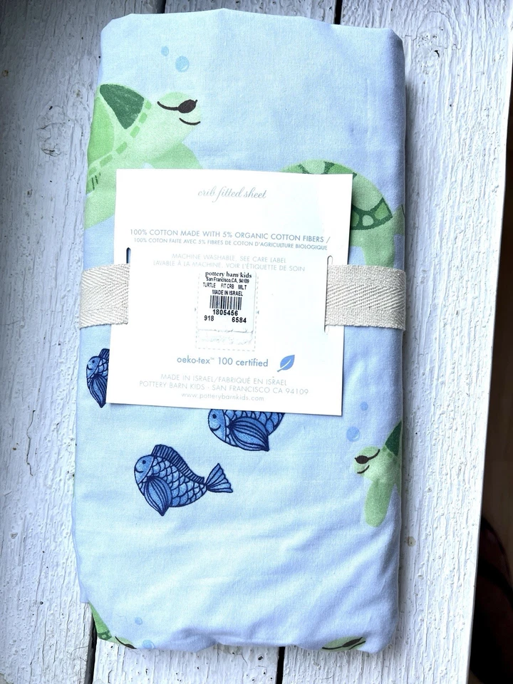 Pottery Barn For Kids Fitted Turtle Crib Sheet New - Image 2 of 4