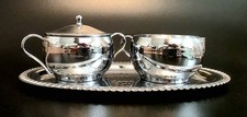 (349) MCM Hellerware Chromium Tray with Cream & Sugar Set Made In USA Vintage