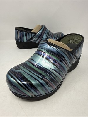 504 Dansko Womens XP 2.0 Teal Striped Patent Clog Size 37 EU 6.5-7 US