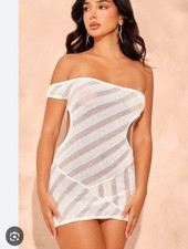 Pretty Little Thing White Mesh Assymetric Sheer Bodycon Mini Dress 10P Ethereal