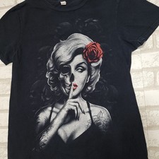 Pinup Girl Tattoo Monroe Half Undead Skull Rose Black Graphic Tee Womens S