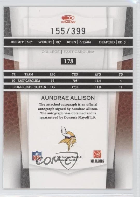 2007 Leaf Certified Materials New Generation /399 Aundrae Allison Rookie Auto RC - Image 2 of 2