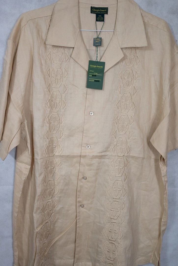NWT Giorgio Inserti 100% Linen Light Tan Tiki Embroidered Camp Shirt 2XL 3XL