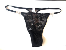 Victoria's Secret Black Lace Rhinestone Bow V-string Thong Panty Size M NWT