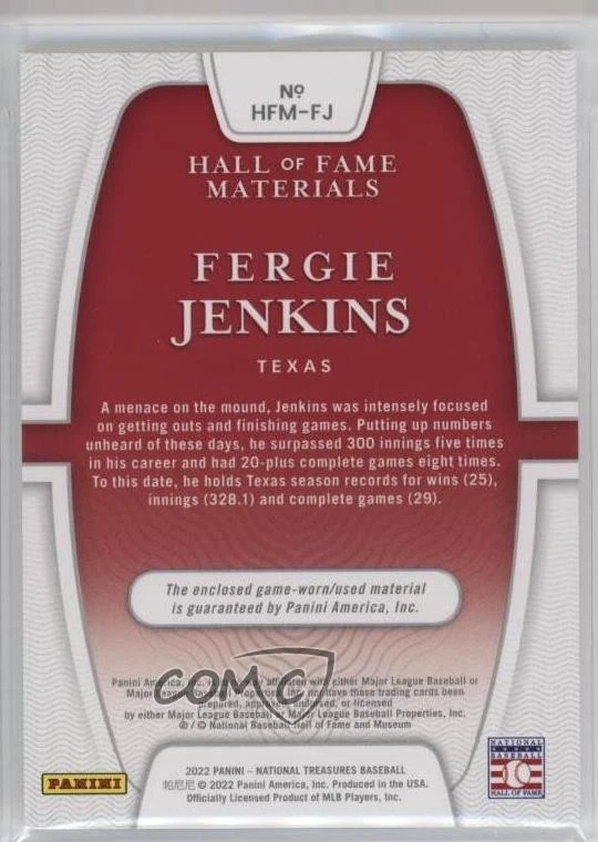 2022 National Treasures Hall of Fame Materials Holo Gold /15 Fergie Jenkins HOF - Image 2 of 2
