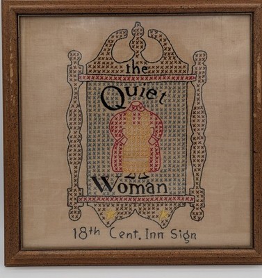 Sampler 18th Cent. Sign The Quiet Woman (i.e. HEADLESS) Framed 1950's Hatboro PA