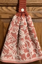 Double rust hanging kitchen towel Fall pumpkins crocheted rust top