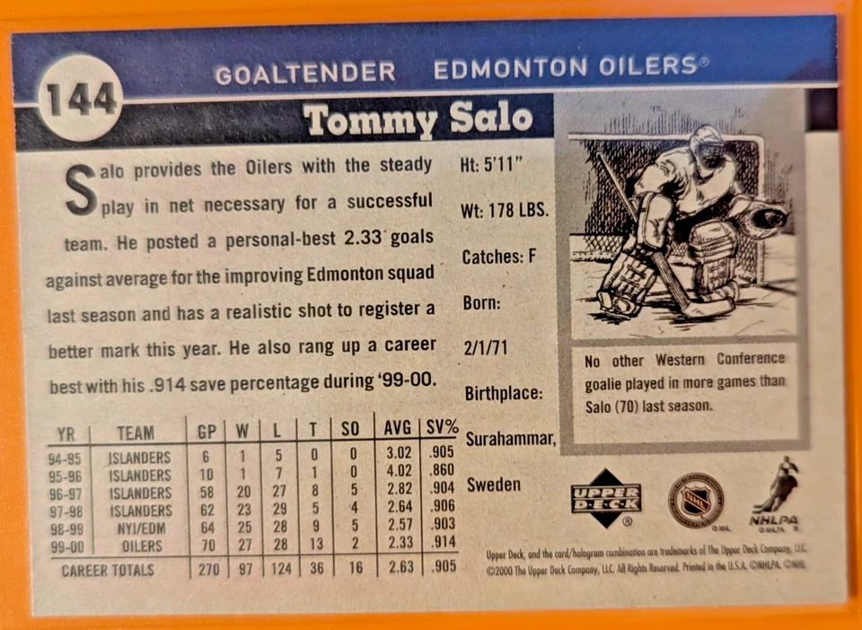 2000-01 Upper Deck Vintage #144 Tommy Salo - Image 2 of 2