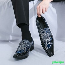Men's Rivets Shiny Leather Dress Embroidery Flower Splice Business Wedding Shoes