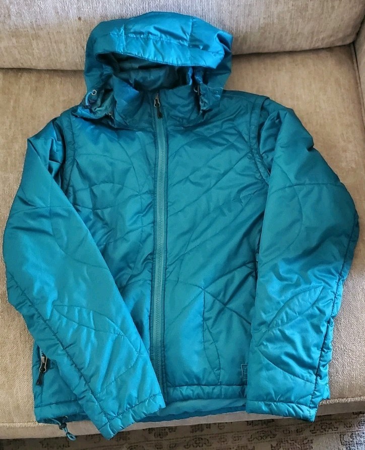 REI Puffer Jacket Womens Medium Teal Blue Down Full Zip removable hood Outdoor