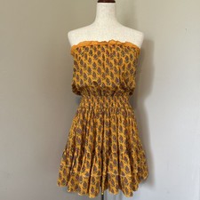 Moda International Yellow Pink Leaf Print Dress Strapless Tiered Boho Festival
