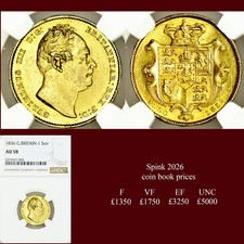 William IV 1836 Sovereign, second bust, top of ear broad and flat AU58