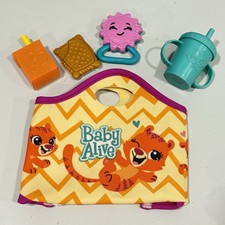 Baby Alive Accessory Lot Tiger Diaper Bag, Cracker, Bottle Juice Cup Rattle