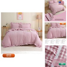 Silnuo Vintage Pink/White Plaid Ruffle 3-Piece Duvet Cover Set Twin Size,Washed