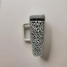 40oz H2.0 Quencher Custom Engraved Tumbler Unique Black  & White Leopard Print