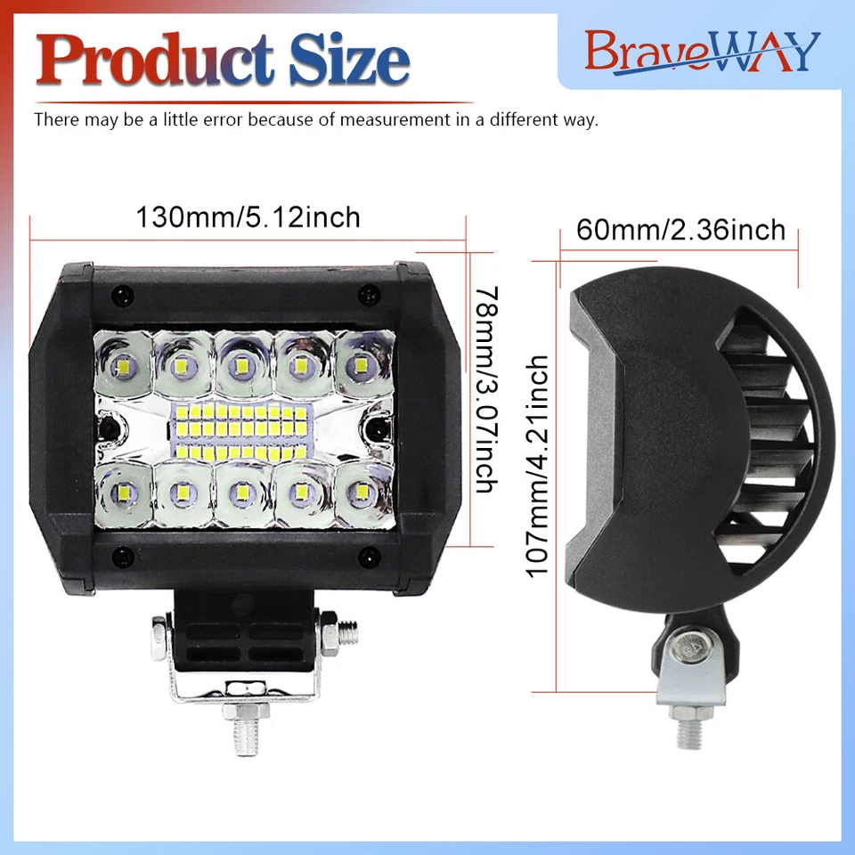 Barra de luz de trabajo LED 12000LM de 4 pulgadas 2 piezas vainas de inundación puntuales blancas aptas para Jeep ATV Foto 2 de 4