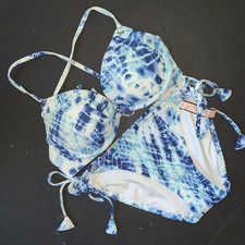 Victoria's Secret push Up 32B BIKINI white BLUE navy tie dye water Animal Print